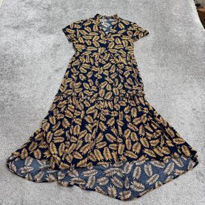 Biscote Palm Leaf Hi-Low Maxi Tiered Dress Womens 2 Navy Brown Short Sleeve Boho